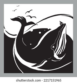 Black and white image with a whale. Drawn on a graphic tablet in the Adobe Illustrator program, the drawing is intended for printing.
