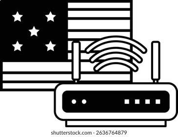 A black and white image of a wifi router with the American flag in the background. The router is positioned in the middle of the image, with the stars of the flag visible in the background