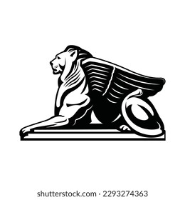 A black and white image of a winged lion with wings vector illustration