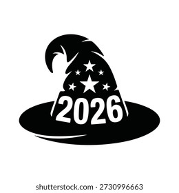 A black and white image of a wizard hat with stars and the year 2026 on it
