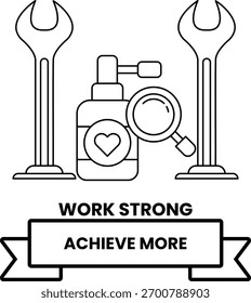 Uma imagem em preto e branco de uma chave inglesa e uma lupa com as palavras "work strong" (trabalho forte) escritas abaixo dela