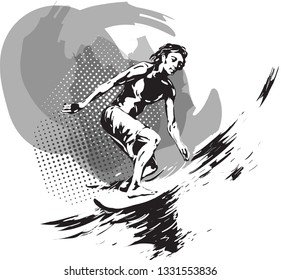 Black and white image of a young male athlete, surfer. Vector drawing by hand.