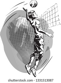 Black and white image of a young man playing volleyball. Vector drawing by hand.