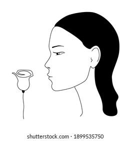 Black and white image of the young woman's face and a rose flower. Vector illustration