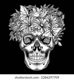 black and white images featuring High definition human skull surrounded by a colorful crown of flowers, red and yellow and green leaves and perched on a beautiful butterfly.