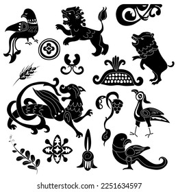 Black and white images of Old Slavic mythical animals and plants. Set of blanks for minimalist folk ornaments.