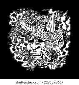 black and white images show Oni are evil characters in Japanese folklore, with a long history as evil people who favor violence over almost everything else. looks scary face with a snake on his head.