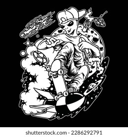 black and white images showing extraterrestrial life. and seen in the picture there are aliens who are skateboarding in outer space accompanied by rockets, and uvo plates