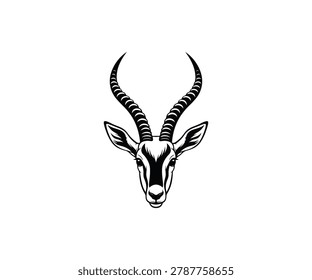 Black and white of an impala head, featuring curved horns and detailed facial isolated on a white background