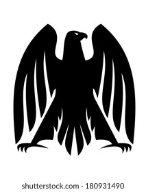 Black and white impressive Imperial eagle logo silhouette with raised outspread wings and curved talons, head turned in profile for heraldry design