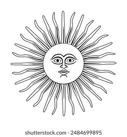 Sol Inca blanco y negro Ilustración vectorial de Dios. Sol de mayo aislado en el fondo. El dios inca Inti, de la bandera nacional de Argentina y Uruguay. Símbolo de sol antiguo con cara, emblema heráldico vintage.