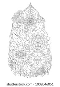 Black and white Indian floral mehndi isolated ornament, oriental boho pattern with mandalas, can be used for coloring book, tattoo. Vector illustration.