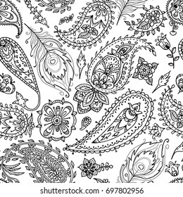 Black and white indian paisley flower pattern with peacock feathers, seamless vector illustration