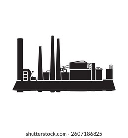 Black and white industrial factory silhouette with smokestacks. Represents manufacturing, industry, pollution, and infrastructure in a minimal, modern design.