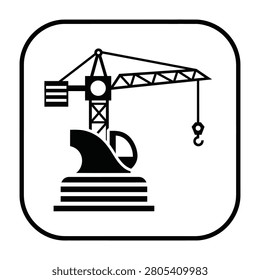 Black and white industrial icon featuring a crane hook lifting a wave on a striped base, symbolizing construction and power