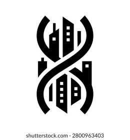 Black and white infinity symbol incorporating a minimalist city skyline outline vector illustration.