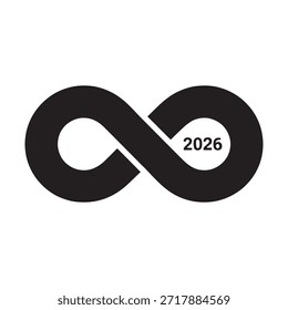 Un símbolo de infinito en blanco y negro con el año 2026 inscrito dentro del bucle. El símbolo del infinito es una representación matemática de la eternidad o el infinito, a menudo utilizado para significar continuidad y posibilidades infinitas. El año 2026 sugiere un tema orientado al futuro, que posiblemente indique un evento, hito o celebración programado para ese año.