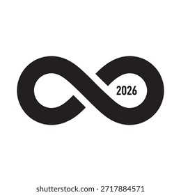  Un símbolo de infinito en blanco y negro con el año 2026 inscrito dentro del bucle. El símbolo del infinito es una representación matemática de la eternidad o el infinito, a menudo utilizado para significar continuidad y posibilidades infinitas. El año 2026 sugiere un tema orientado al futuro, que posiblemente indique un evento, hito o celebración programado para ese año.