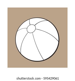 black and white inflated beach ball, sketch style vector illustration isolated on on brown background. background. Hand drawn colorful beach ball, symbol of summer vacation in tropical countries