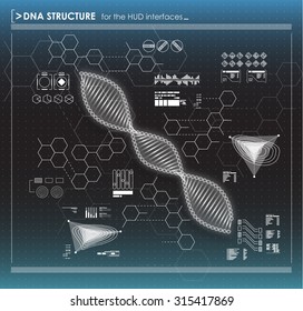 black and white infographic elements with DNA structure. Futuristic user interface. Abstract virtual graphic