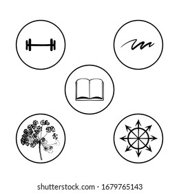 Black and white infographic. icon of flower, book, wave, dumbbell, chaos sign. ink drawn symbol. sport, nature, sience. visit or post card element
