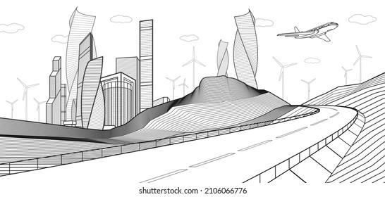 Black and white Infrastructure illustration. Highway in mountains. Modern city at background, tower and skyscrapers, business building. Vector design outlines art