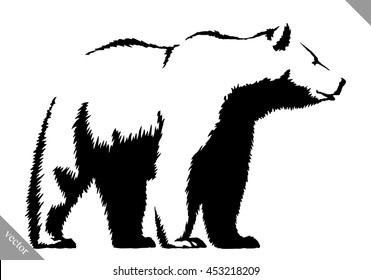 black and white ink draw bear vector illustration