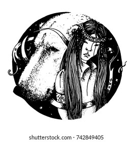 Black and white ink drawing of a bear. With isolation background. Roundel