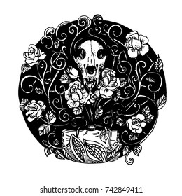 Black and white ink drawing of a bear. With isolation background. Roundel