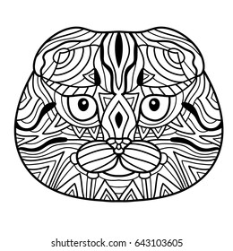 Black and white ink drawing. The head of a cat breed Scottish fold with pattern. Coloring book for adults. Doodle illustration.