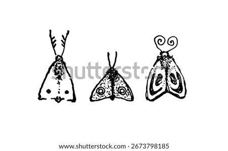 Black and white ink drawing of three stylized moths with unique patterns and shapes. Minimalist hand-drawn insect illustration for nature and vintage designs.