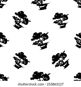 Black and white ink hand drawn brushstroke bonsai. Set of isolated japanese national symbols and elements. Chess grid order pattern.