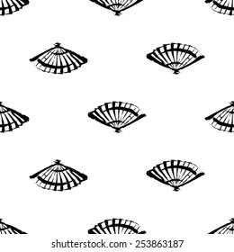 Black and white ink hand drawn brushstroke fan. Set of isolated japanese national symbols and elements. Chess grid order pattern.