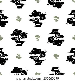 Black and white ink hand drawn brushstroke bonsai. Set of isolated japanese national symbols and elements. Chess grid order pattern.