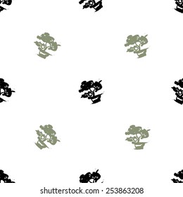 Black and white ink hand drawn brushstroke bonsai. Set of isolated japanese national symbols and elements. Chess grid order pattern.