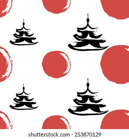 Black and white ink hand drawn brushstroke pagoda and sun. Set of isolated japanese national symbols and elements. Chess grid order pattern.