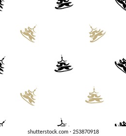 Black and white ink hand drawn brushstroke pagoda. Set of isolated japanese national symbols and elements. Chess grid order pattern.