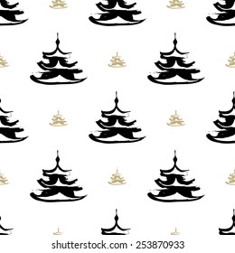 Black and white ink hand drawn brushstroke pagoda. Set of isolated japanese national symbols and elements. Chess grid order pattern.