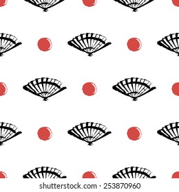 Black and white ink hand drawn brushstroke fan and sun. Set of isolated japanese national symbols and elements. Chess grid order pattern.