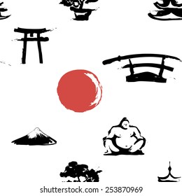 Black and white ink hand drawn brushstroke fan, sword, sumo, pagoda, sun, torii, bonsai, Fuji. Set of isolated japanese national symbols and elements. Chess grid order pattern.