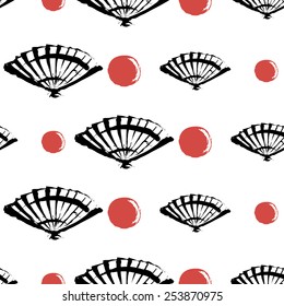 Black and white ink hand drawn brushstroke fan and sun. Set of isolated japanese national symbols and elements. Chess grid order pattern.
