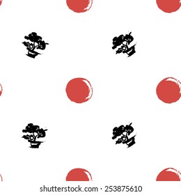 Black and white ink hand drawn brushstroke sun and bonsai. Set of isolated japanese national symbols and elements. Chess grid order pattern.