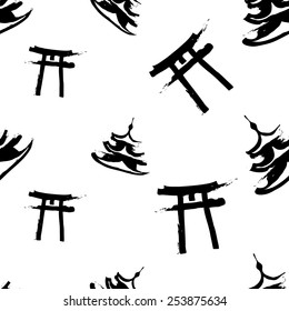 Black and white ink hand drawn brushstroke pagoda and torii. Set of isolated japanese national symbols and elements. Chess grid order pattern.