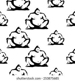 Black and white ink hand drawn brushstroke sumo. Set of isolated japanese national symbols and elements. Chess grid order pattern.