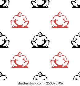 Black and white ink hand drawn brushstroke sumo. Set of isolated japanese national symbols and elements. Chess grid order pattern.