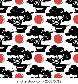 Black and white ink hand drawn brushstroke sun and bonsai. Set of isolated japanese national symbols and elements. Chess grid order pattern.