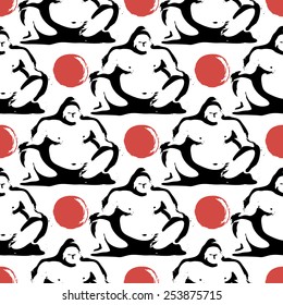 Black and white ink hand drawn brushstroke sumo and sun. Set of isolated japanese national symbols and elements. Chess grid order pattern.