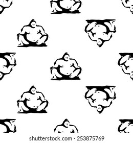 Black and white ink hand drawn brushstroke sumo. Set of isolated japanese national symbols and elements. Chess grid order pattern.