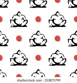 Black and white ink hand drawn brushstroke sumo and sun. Set of isolated japanese national symbols and elements. Chess grid order pattern.