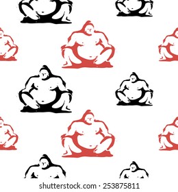 Black and white ink hand drawn brushstroke sumo. Set of isolated japanese national symbols and elements. Chess grid order pattern.
